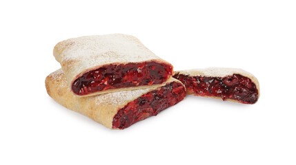 Delicious cut strudel with cherries isolated on white