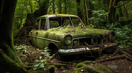 Old rusted car with moss in woods