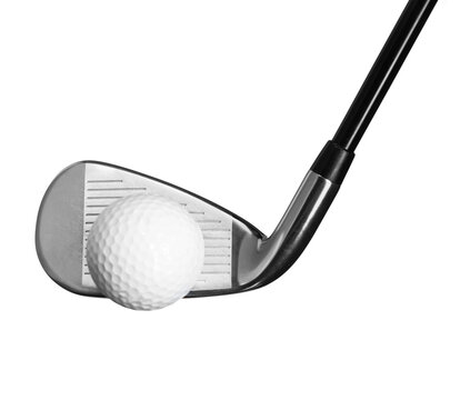 Golf Ball and Iron Club Isolated on a White Background Close-up
