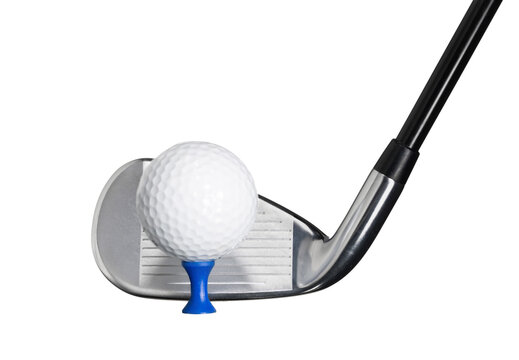 Golf Fairway Iron with a Golf Ball on Blue Tee, isolated on a White Background