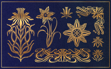 Floral narcissus plant in art nouveau 1920-1930. Hand drawn narcissus in a linear style.