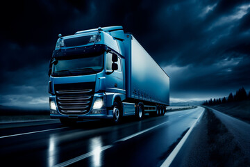 Truck with container on road, cargo transportation concept. - obrazy, fototapety, plakaty