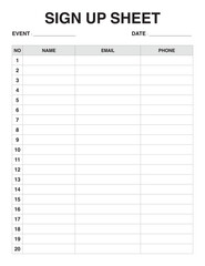 Sign Up Sheet, template for event planning printable