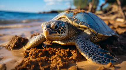 Majestic Moment: Close-Up of a Sea Turtle Nesting on a Protected Offshore Sanctuary