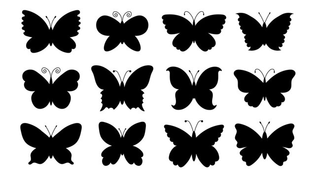 Butterfly black silhouette vector set. Collection of various butterfly shape illustrations. Decorative elegant symmetric nature elements for spring and summer design