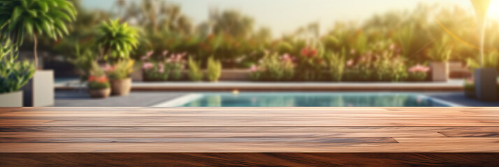 Fototapeta na wymiar Poolside Retreat Background with Wooden Table Created with Generative AI