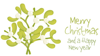 Christmas greeting with mistletoe branches. Banner with a Christmas greeting next to an illustration of two intertwined mistletoe leaves.