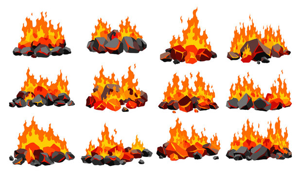 Burning coal set. Realistic bright flame fire on coals heaps. Closeup  illustration for grill blaze fireplaces, hot carbon or glowing charcoal image