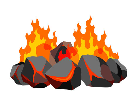 Burning coal. Realistic bright flame fire on coals heap. Closeup  illustration for grill blaze fireplace, hot carbon or glowing charcoal image
