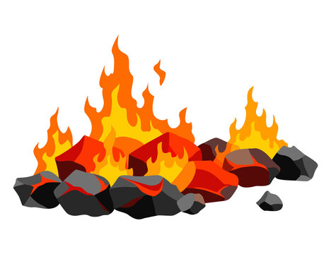 Burning coal. Realistic bright flame fire on coals heap. Closeup  illustration for grill blaze fireplace, hot carbon or glowing charcoal image