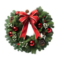 Fototapeta na wymiar Wreath: A circular arrangement of evergreen branches, often decorated with ribbons, berries, and ornaments, isolated on white background