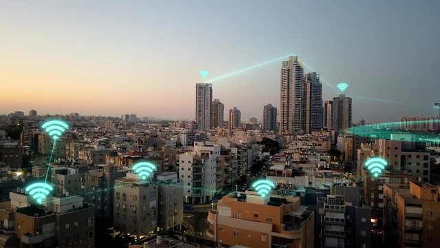 The concept of data transmission from a telecommunications tower. Visualization of mobile data transmission from telecommunications tower. Telecommunications tower distributes internet concept.