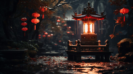 Mystical glow of a red lantern in a Chinese temple at night - obrazy, fototapety, plakaty