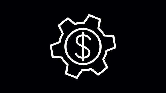 Gear and dolar sign. WHITE line icon animation on transparent background