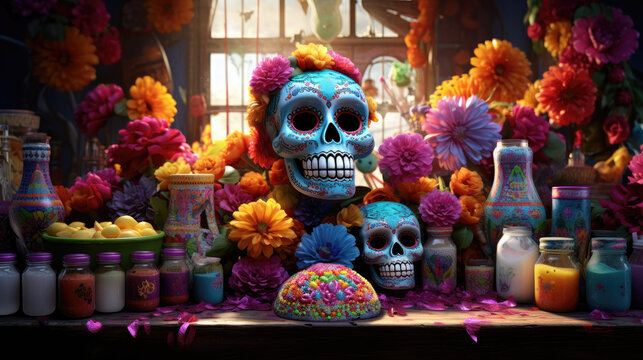 Day of the Dead Celebration with Sugar Skulls and Marigolds Created with Generative AI