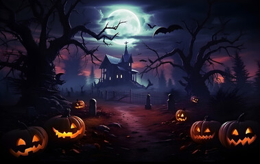 Pumpkins and jack-o-latern on halloween night