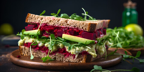 Vegan sandwiches with beetroot hummus.Vegetarian Canapes Pictures, salad and pasta - obrazy, fototapety, plakaty