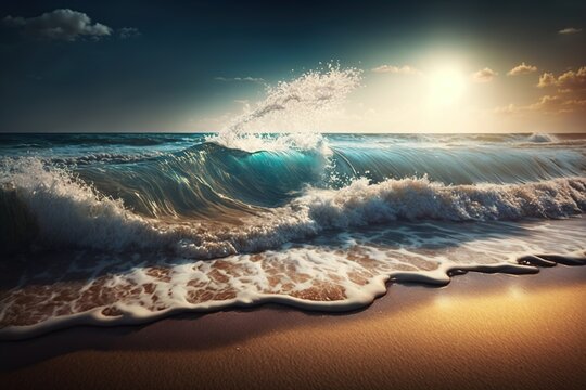 ocean waves, sunset, wavy sea, digital art style, illustration painting