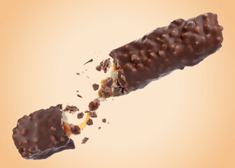 Broken chocolate bar with yummy caramel in air on beige background