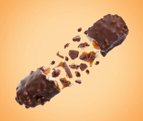Broken chocolate bar with yummy caramel in air on pale orange background