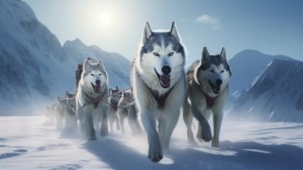 huskies pulling sled at the antartctica beautiful