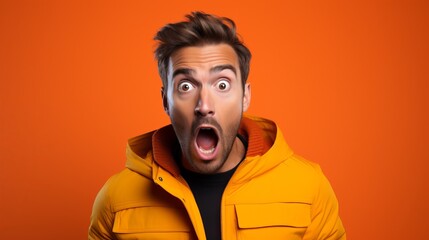 Man expressing shock and surprise against a striking orange background