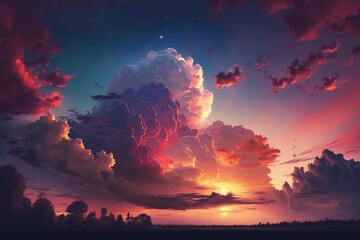 Sunset, pink sunset, big clouds, digital art style, illustration painting