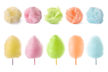 Set of different colorful cotton candies isolated on white - obrazy, fototapety, plakaty