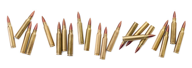 Set of many bullets on white background, top view - obrazy, fototapety, plakaty
