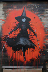 halloween witch graffiti on a street wall