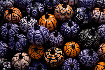 Ornamental pumpkins, ceramic type in blue and orange colors