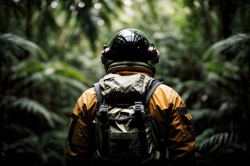 Naklejka premium Rear view of astronaut in space suit walking through jungle, generative ai illustration