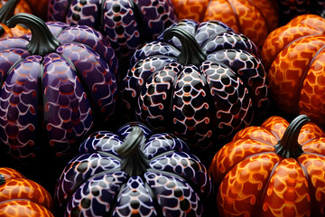 Ornamental pumpkins, ceramic type in blue and orange colors