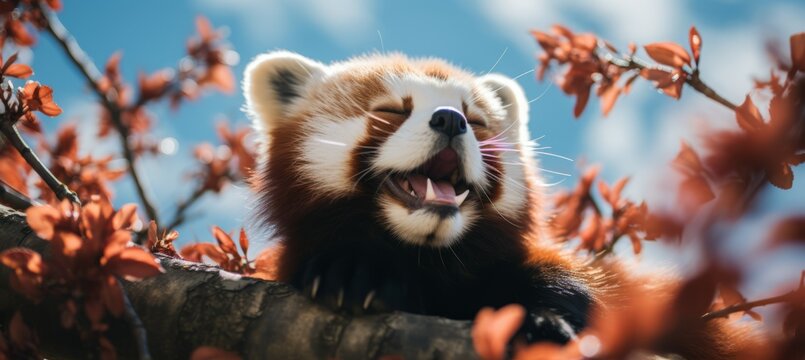 Smile red panda at tree. Generative AI technology.