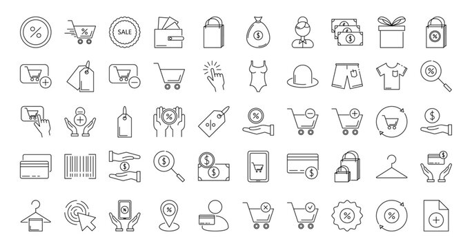 Shopping line icons set. Discounts, purchase, things, trolley, promotions, wallet, money, products, clothing, barcode, tag, price tag, hanger, buyer. Vector stock illustration.	