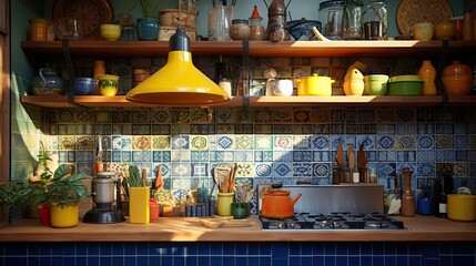 Eclectic kitchen space with mismatched tiles and wooden shelving filled with ceramics. Adopt a color palette of olive green, sunflower yellow, and deep blue