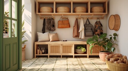 Mudroom or entrance featuring boho storage solutions, patterned tiles, and straw baskets. Opt for a palette of fern green, sienna, and taupe