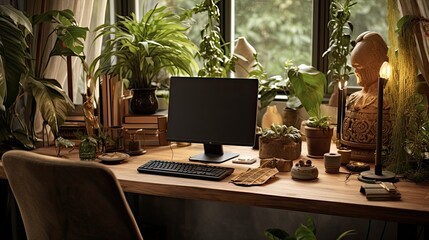 Fototapeta premium Workspace infused with boho vibes, featuring a carved wooden desk and hanging planters. Palette: Cocoa brown, olive, and gold