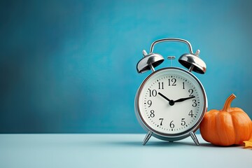Alarm clock with autumn leaves and pumpkin on blue background