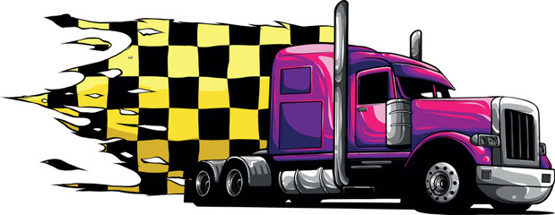 vector illustration of semi truck with race flag