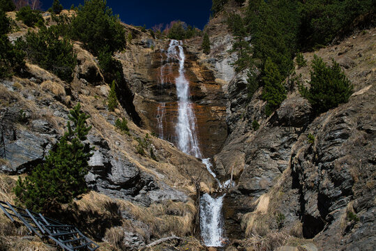 View of the Mascarada waterfall near the village of Cerler in the Pyrenees of Huesca. Spain