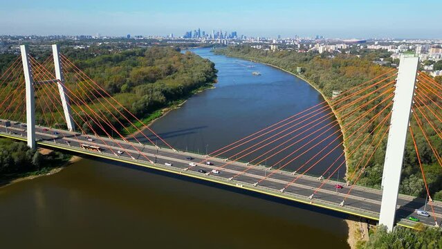 Aerial view - Siekierkowski Bridge. city of Warsaw in Poland. Beautiful fall or autumn scence overlooking the bridge and the river.