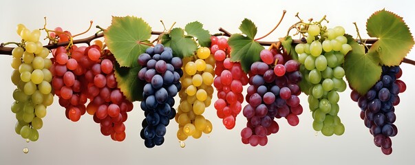 Bunch of fresh grapes with green leaves and drops of water.