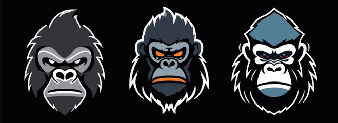 Angry gorilla heads vector mascot logo, silhouette shapes of gorilla illustration