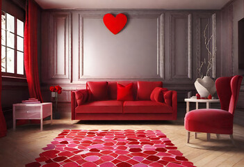 Home interior decorated for Valentines Day with red sofa rug chair and heart roses and heart above couch