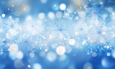 Winter snow background with snowflakes on blue sky, beautiful bokeh circles. Free space for text. generative Ai