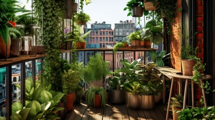 An urban jungle balcony filled with lush greenery, hanging planters, and a small water fountain