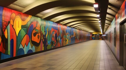 An underground subway station with concrete walls adorned with colorful murals