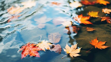Fototapeta na wymiar Colorful autumn leaves floating in pond