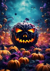 Naklejka premium Halloween wallpaper with scary forest pumpkins and bats, american saints-day. Generative Ai.